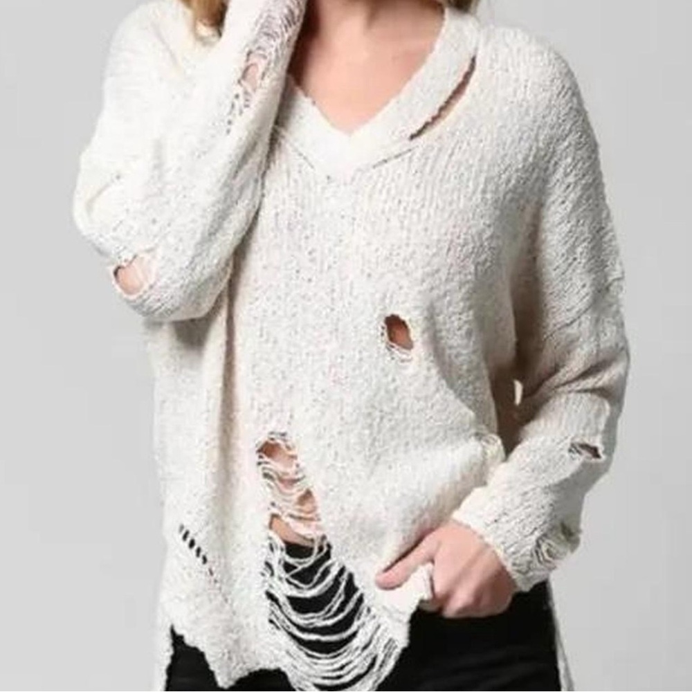 Women's Cream Distressed Sweater
